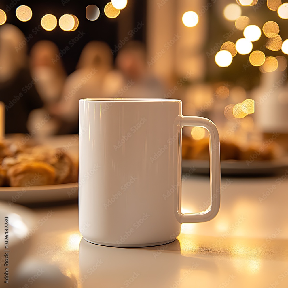 Poster a close-up of a white rectangular-shaped mug on a party table : generative ai