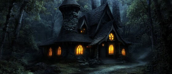 A large, old house with a stone roof and a chimney