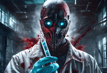 Ghost of a man in a bloodstained scientist uniform, holding a syringe in his hand in an abandoned laboratory