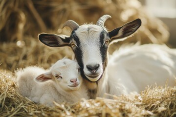 Obraz premium Goat with its baby resting together in a cozy hay-filled barn. 
