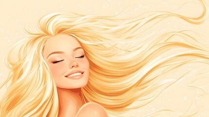 2. **Hair Care Elegance**: Illustrate a cheerful young woman with flowing blonde hair, set against a gentle pastel backdrop. The composition should highlight her smile and include generous empty