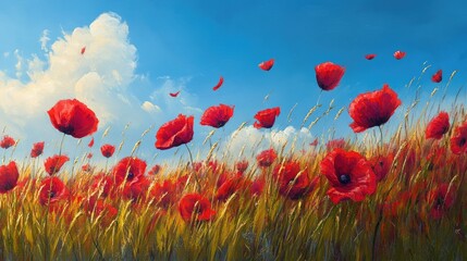 Fototapeta premium A field of bright red poppies swaying in the breeze, with a blue sky overhead