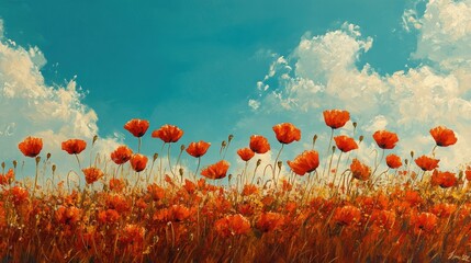 Obraz premium A field of bright red poppies swaying in the breeze, with a blue sky overhead