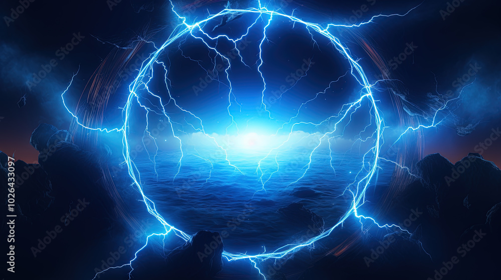 Poster lighting flash in the shape of circle. ring of thunderstorm lightning as a portal