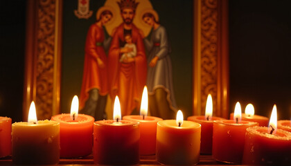 Candles lit in front of an icon depicting a holy family in a dimly lit church