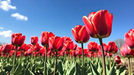 Fototapeta premium A field of vibrant red tulips in full bloom, stretching out under a bright blue sky