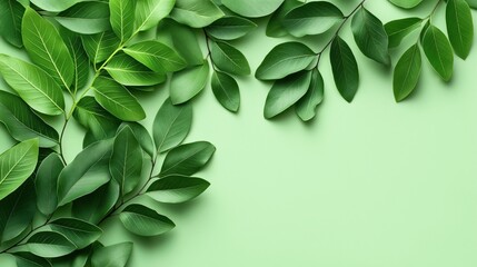 Obraz premium A collection of vibrant green leaves arranged on a light green background, creating a fresh and natural botanical pattern.