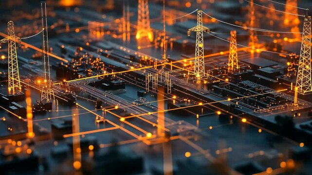 A digital illustration of a power grid, showcasing the complex network of power lines and towers - Powered by Adobe