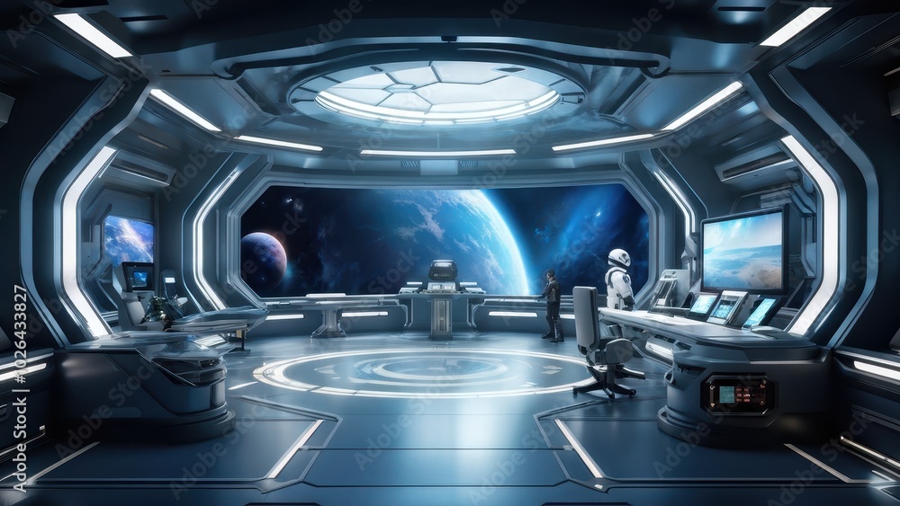 Poster a futuristic control room with a view of space, featuring advanced technology and monitors.