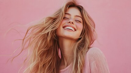 Fototapeta premium 4. **Joyful Beauty**: Capture a joyful moment with a smiling young woman showcasing her long, well-maintained blonde hair in front of a pastel flat background. The layout should feature plenty of