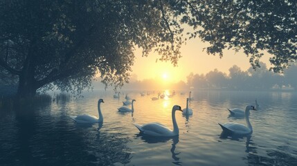 Fototapeta premium A flock of swans swimming in a peaceful lake at dusk, creating a serene atmosphere