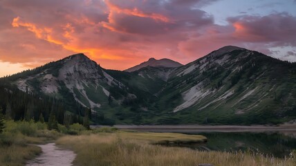 Sunset Glow Over Serene Mountain Lake.