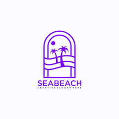 Vacation beach sea with palm tree and  waves logo icon illustration