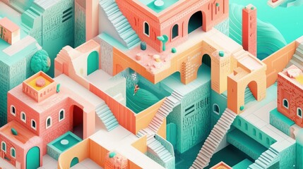 A colorful and abstract 3D illustration of a city with buildings, stairs, and pools.