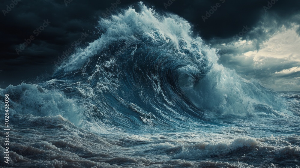 Poster a large wave is crashing into the ocean, with dark clouds looming overhead