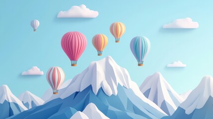 Colorful hot air balloons floating over snow capped mountains on a bright blue sky.