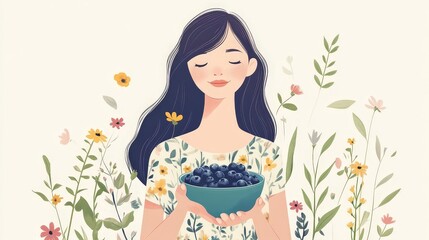 Summer Delight - Minimalistic Graphic Movie Poster with Woman Holding Blueberries and Flowers, Vibrant Colors and Nature Vibes on White Background