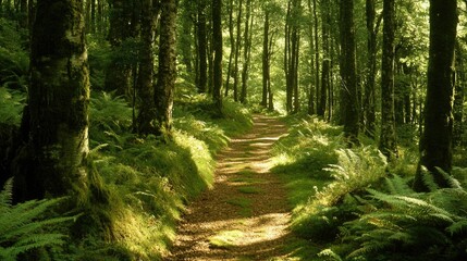 Obraz premium A forest path dappled with sunlight filtering through the trees, surrounded by green ferns and tall trunks.