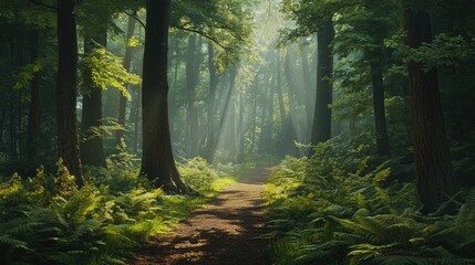 Obraz premium A forest path dappled with sunlight filtering through the trees, surrounded by green ferns and tall trunks.