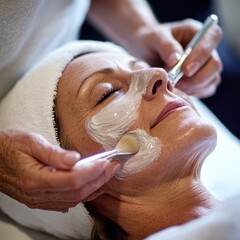 A mature woman receiving a luxurious facial spa care treatment, with a therapist gently applying a mask