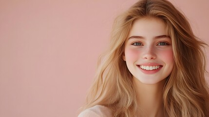 Fototapeta premium 1. **Radiant Confidence**: Create an image of a smiling young woman with long, beautifully groomed blonde hair against a soft pastel flat background. The scene should have ample copy space, making it