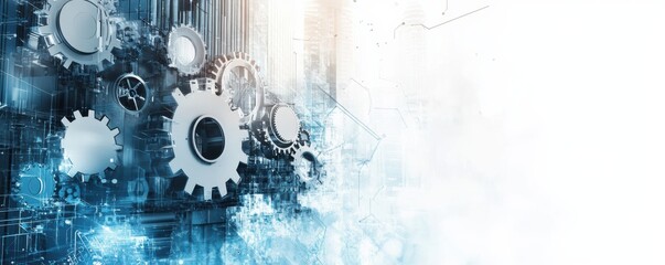 Futuristic technology background with gears and digital elements in light gray and blue hues