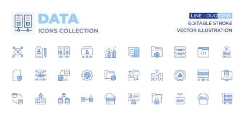 Data icons collection. Line Duotone style, editable stroke. cloud data, open data, data transfer, personal data, settings, data exchange, data protection, server, data, data science