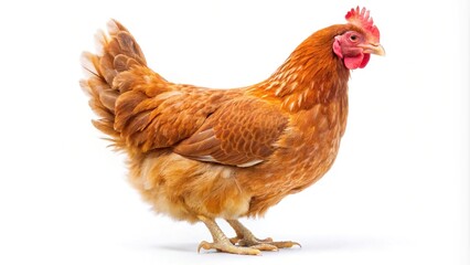 Fototapeta premium Panoramic isolated Rhode Island Red hen on white background