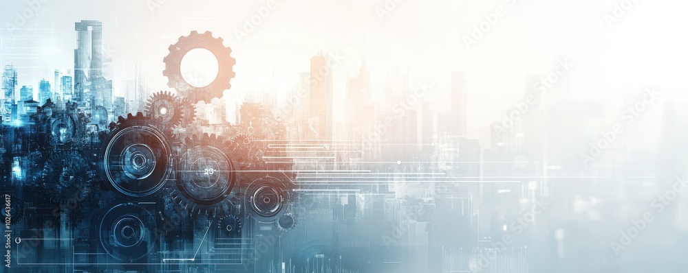 Wall mural futuristic gears and cogs in a light gray and blue digital concept background with technology themes