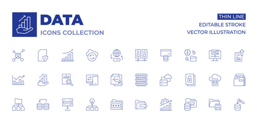 Data icons collection. Thin Line icons, editable stroke. data analysis, data transfer, data server, analysis, send, data collection, improvement, analytics, data, encrypted data