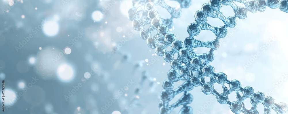 Poster dna double helix structure on a soft blue gradient background with floating molecular bubbles