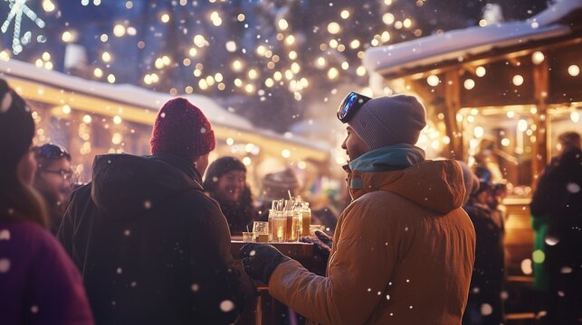 A lively après-ski scene at an outdoor bar, with skiers and snowboarders enjoying drinks and dancing to music under twinkling lights