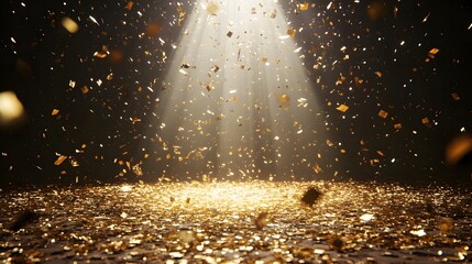 5. **Dynamic Celebration Setup**: Create an eye-catching image of a festive stage featuring a rain of golden confetti and a bright light beam in the center of a dark room. This design should provide