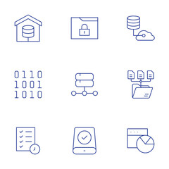 Data icons set. Thin Line style, editable stroke. confidential data, data analytics, data storage, data warehouse, binary, checklist, folder, pie chart, cloud data