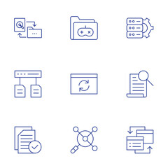 Data icons set. Thin Line style, editable stroke. data storage, data flow, data protection, discovery, interchange, game folder, synchronization, analytical