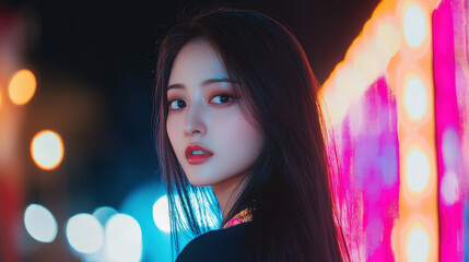 young woman with long black hair stands against vibrant, colorful background, exuding confidence and allure. night lights create captivating atmosphere