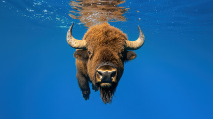 Diving American bison swimming in clear blue water, showcasing its powerful presence and unique features. This captivating underwater shot highlights beauty of wildlife