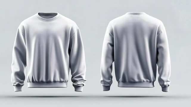 A plain white crewneck sweatshirt is displayed in a studio setting, showcasing the front and back views
