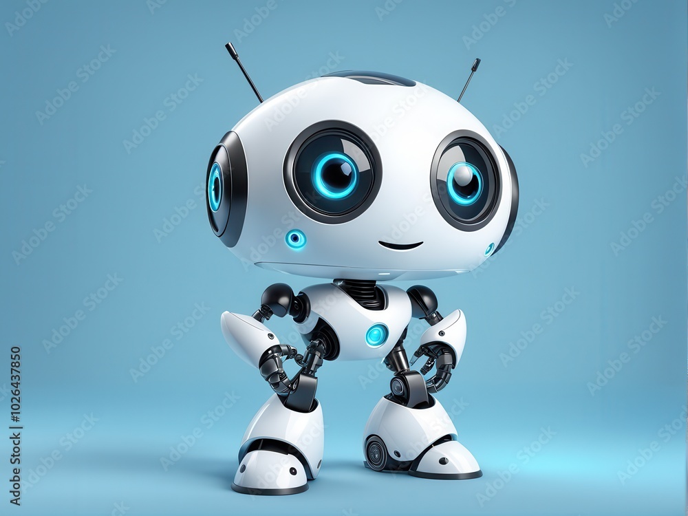 Poster a friendly, futuristic robot character with large eyes, designed for interaction and engagement.