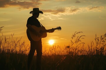 Silhouette of a man playing guitar at sunset with colorful sky in the background.
