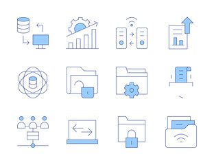 Data icons. Line Duotone style, editable stroke. data transfer, unlocked, data analytics, data, data science, data exchange, data collection, data management, folder