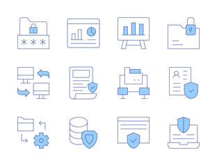 Data icons. Line Duotone style, editable stroke. data, data security, data protection, data transfer, archive, folder, dashboard, policy, bar chart