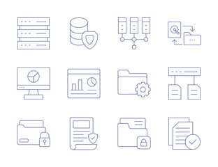 Data icons. Thin Line style, editable stroke. data flow, data protection, data management, data, dashboard, policy, data visualization, data security