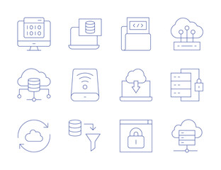 Data icons. Thin Line style, editable stroke. data protection, cloud data, cloud database, sync, data storage, data, laptop, web security