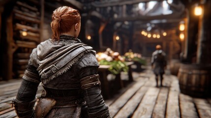 Fototapeta premium A character explores a rustic setting filled with wooden structures and warm lighting, evoking a sense of adventure and discovery.