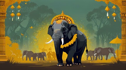 illustration of Thrissur Pooram festival with elephant in yellow background,onam Festival.illustration.