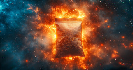 A brown plastic bag of marijuana, floating in space amidst a nebula explosion, is engulfed in dramatic orange and blue flames.