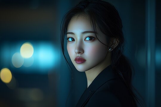Portrait of a young Asian woman in a dark setting, showcasing her elegant features and captivating gaze.