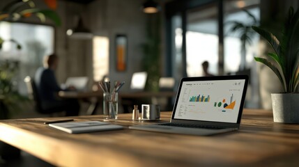 A dynamic office meeting room scene with blurred people engaged in discussion, and a laptop displaying graphs and charts on a wooden table in a modern, creative work space.
