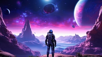 Obraz premium A futuristic astronaut gazes at a vibrant alien landscape with planets and colorful skies.
